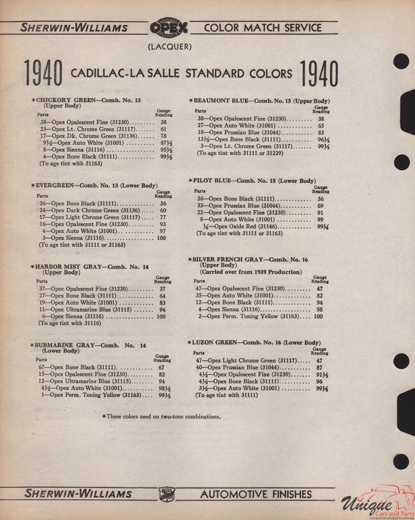 1940 Cadillac Paint Charts Williams 3